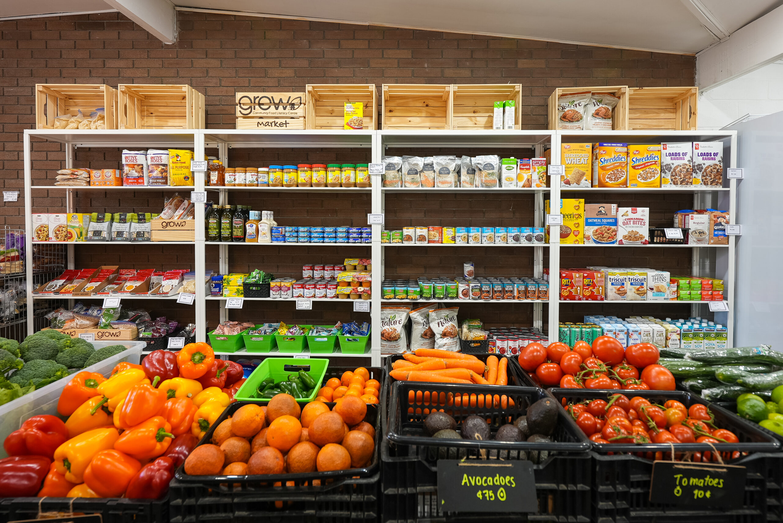 The 'Grow' food market fully stocked with fresh produce and non-perishable pantry items