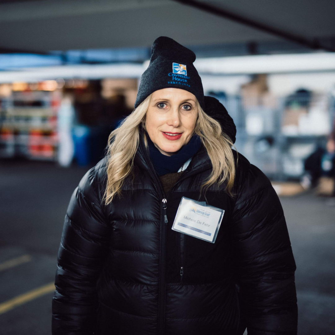 Close-up of Michele in winter wear. -- Michele en vetements d'hiver.